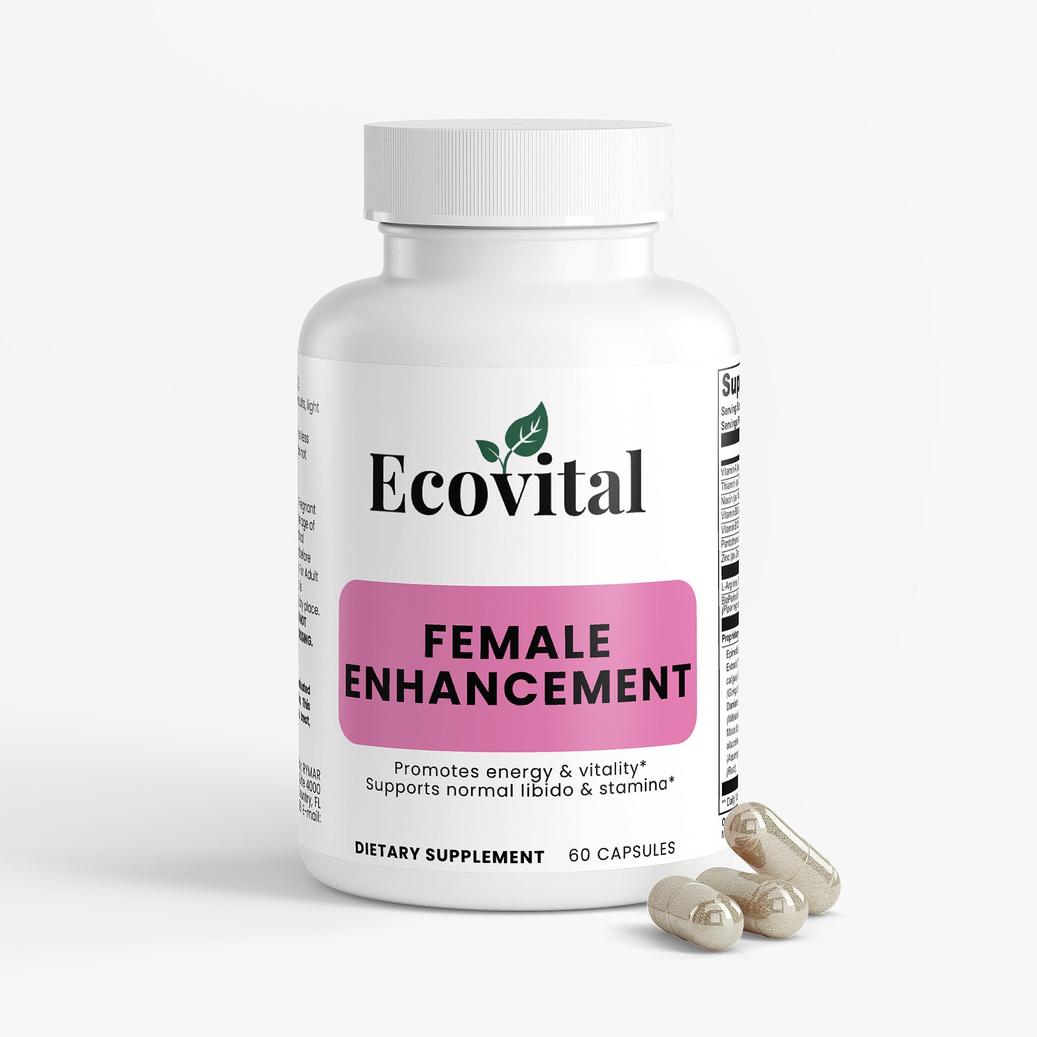 Ecovital female enhancement dietary supplement bottle with capsules on a white background