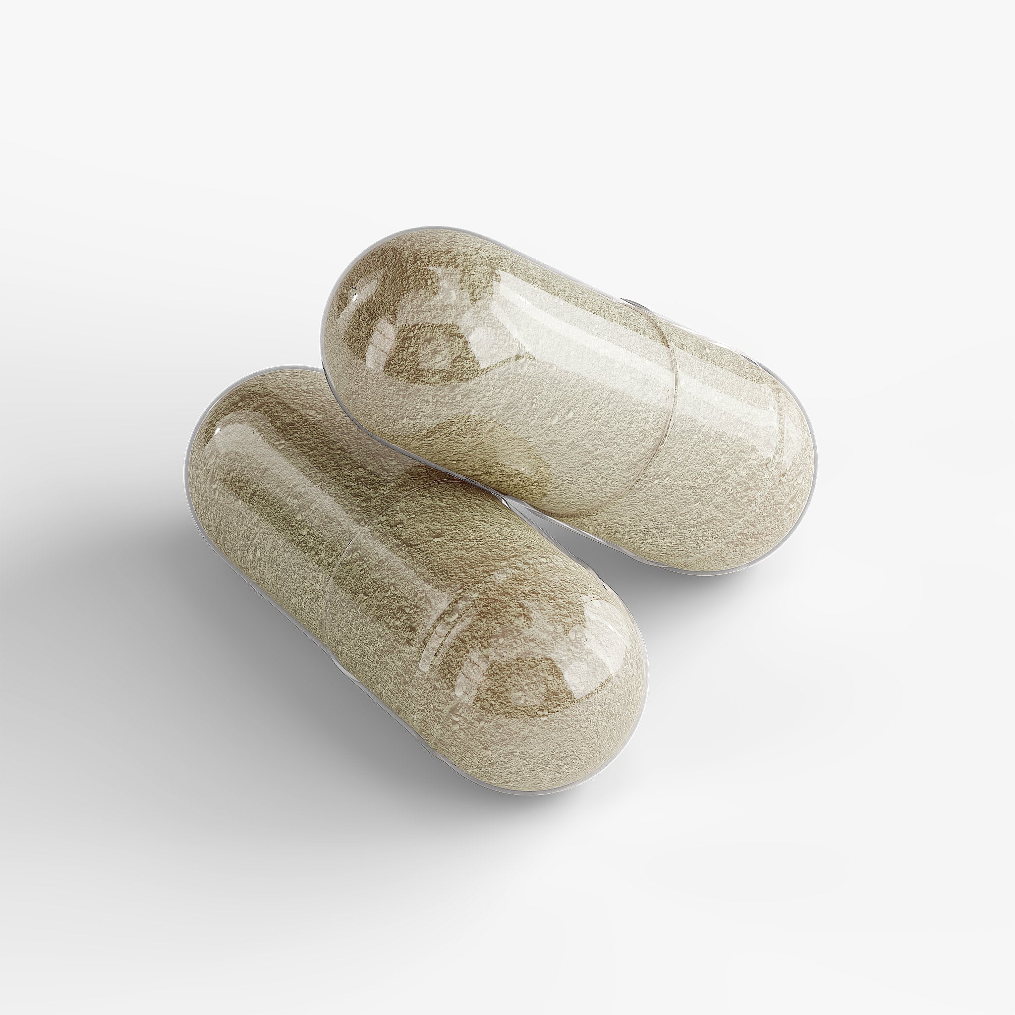 Two beige capsules on a white background