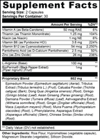 Supplement facts label with detailed nutritional information on a black background