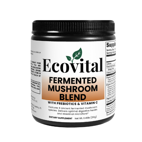 Ecovital fermented mushroom blend supplement container on a white background