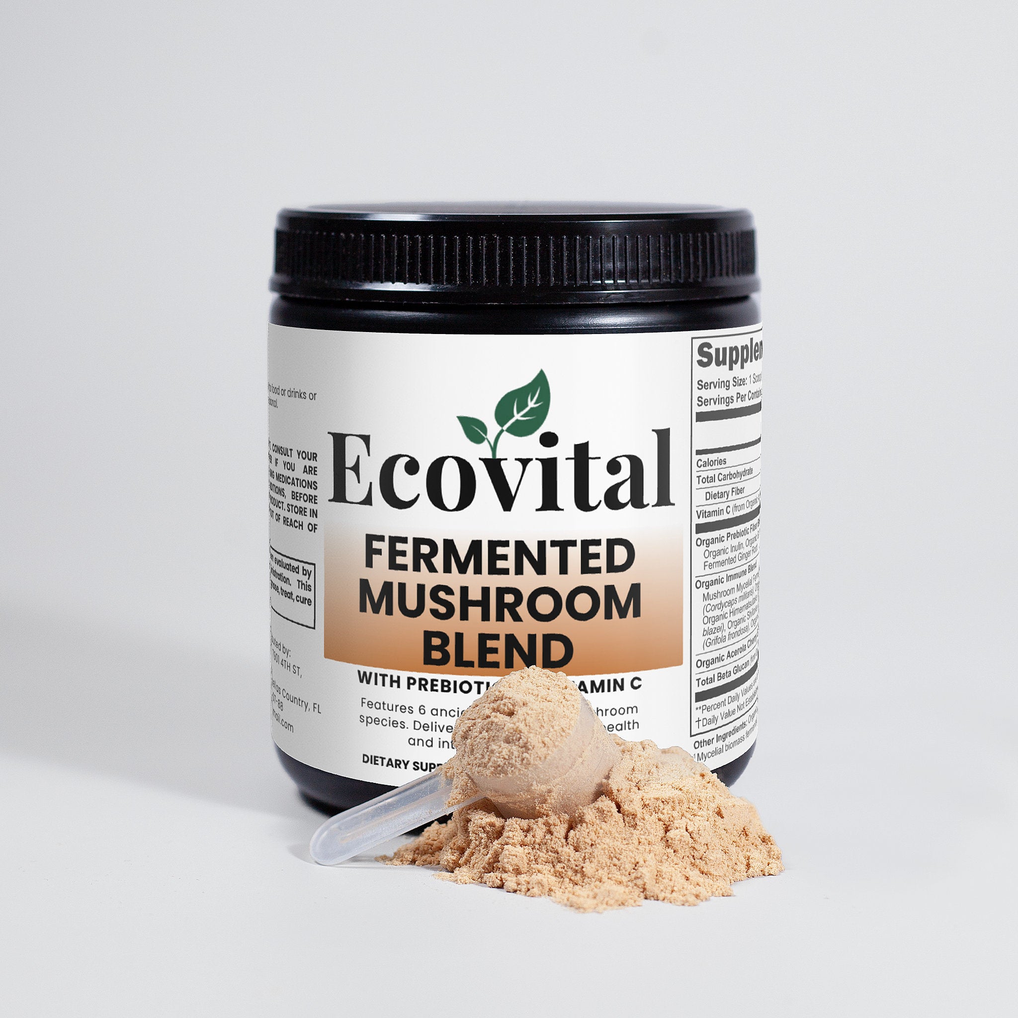 Ecovital fermented mushroom blend container with scoop and powder on a light gray background
