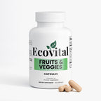 Ecovital fruits and veggies capsules bottle with two capsules on a white background