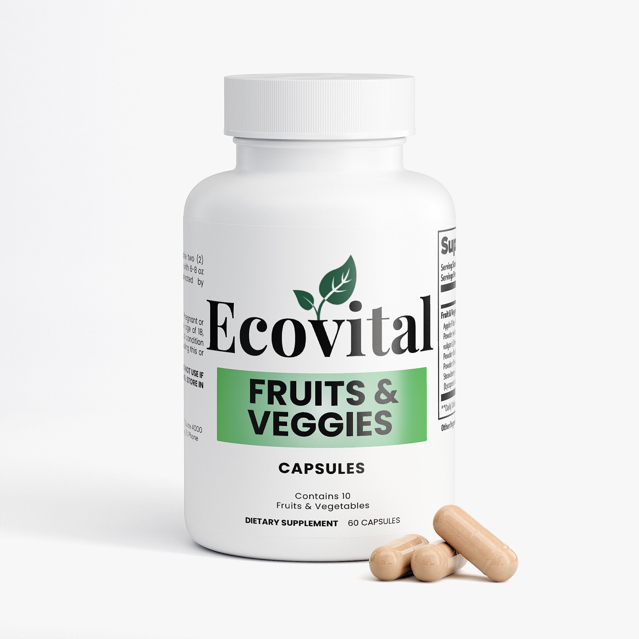Ecovital fruits and veggies capsules bottle with two capsules on a white background