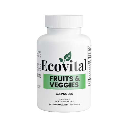 Supplement bottle labeled 'Ecovital Fruits & Veggies' on a white background