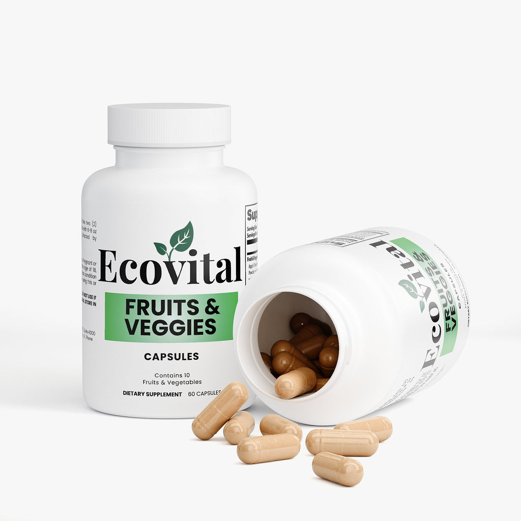 Ecovital fruits and veggies capsules bottle with open lid on a white background