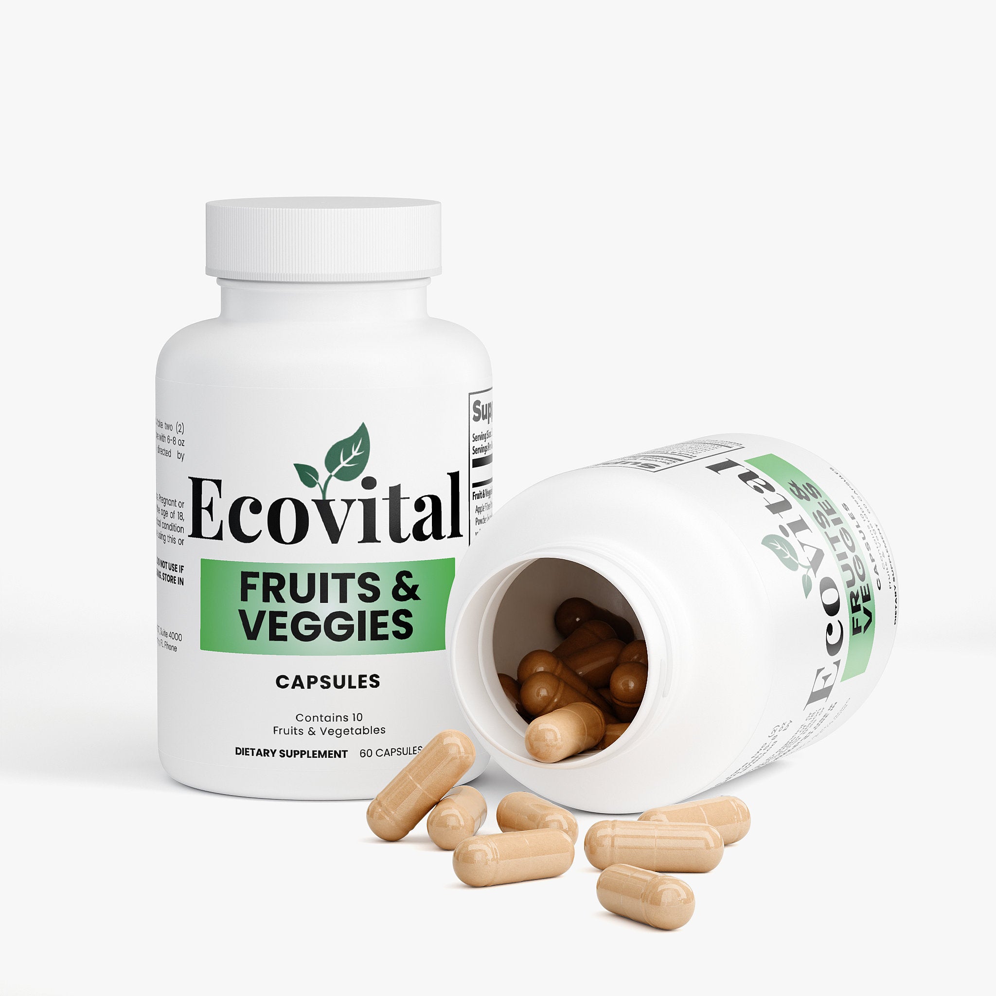 Ecovital fruits and veggies capsules bottle with open lid on a white background