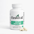 Ecovital Gut Health capsules bottle with two capsules on a white background
