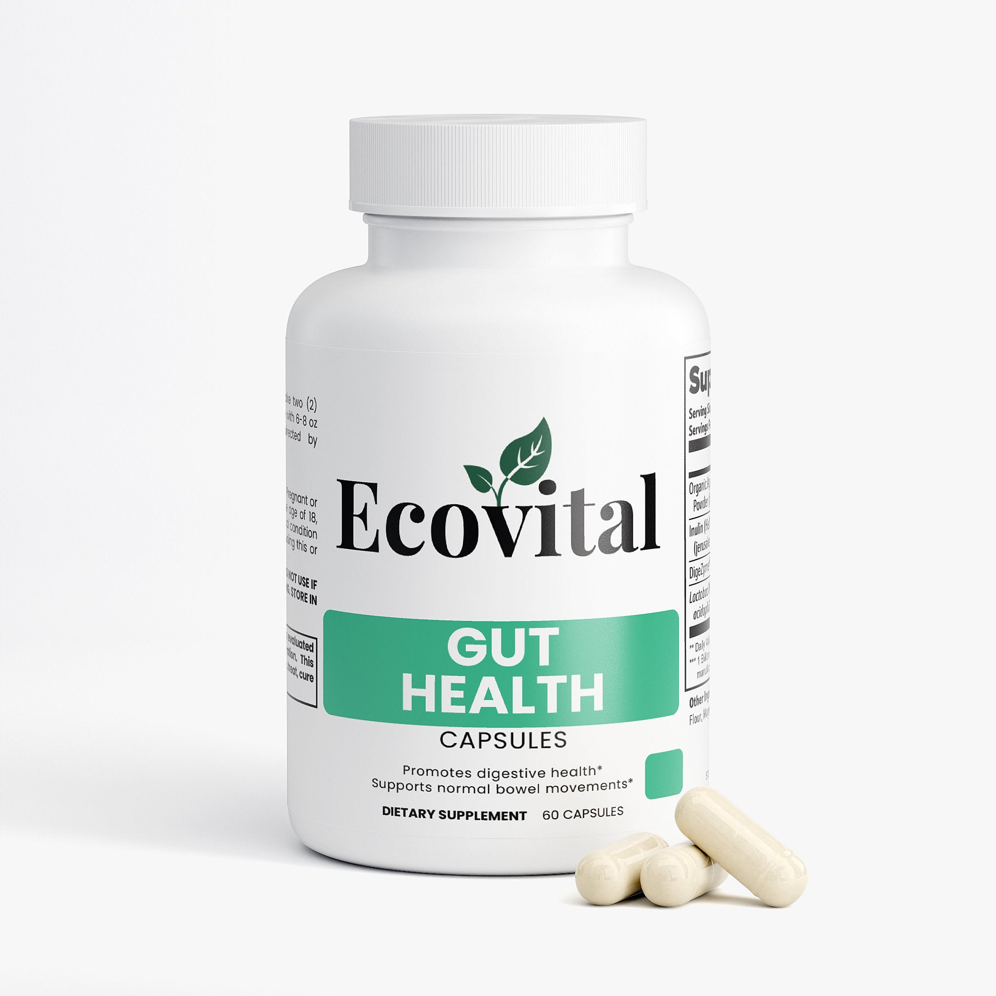 Ecovital Gut Health capsules bottle with two capsules on a white background