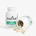 Ecovital Gut Health capsules with open bottle on a white background