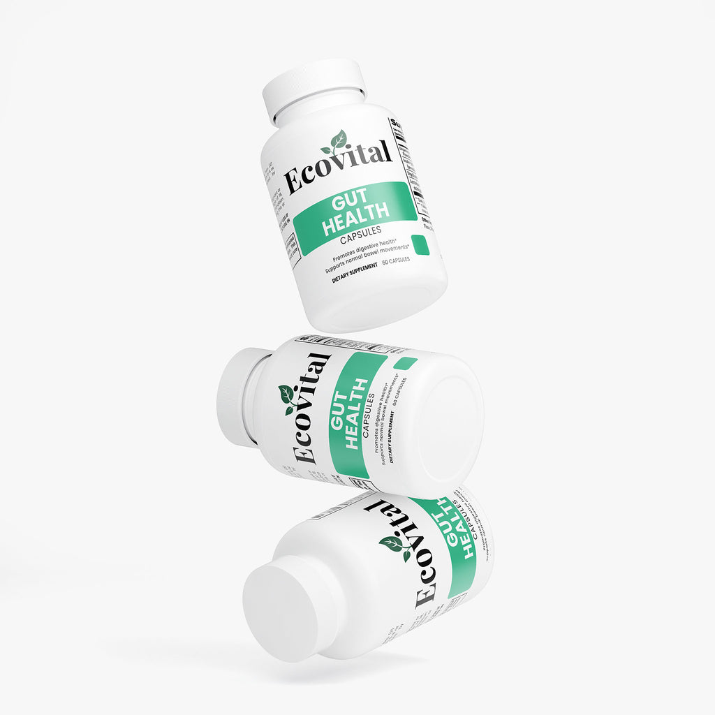 Three bottles of Ecovital Gut Health capsules on a white background