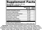 Supplement facts label with various extracts and their amounts per serving