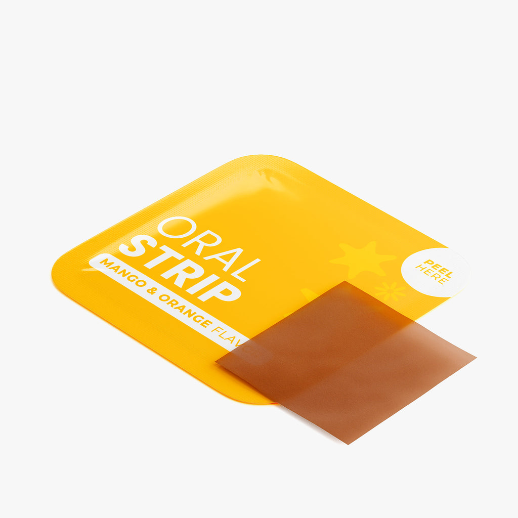 Yellow packaging of an oral strip with a brown strip inside on a white background