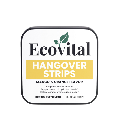 Ecovital Hangover Strips packaging with mango and orange flavor on a white background