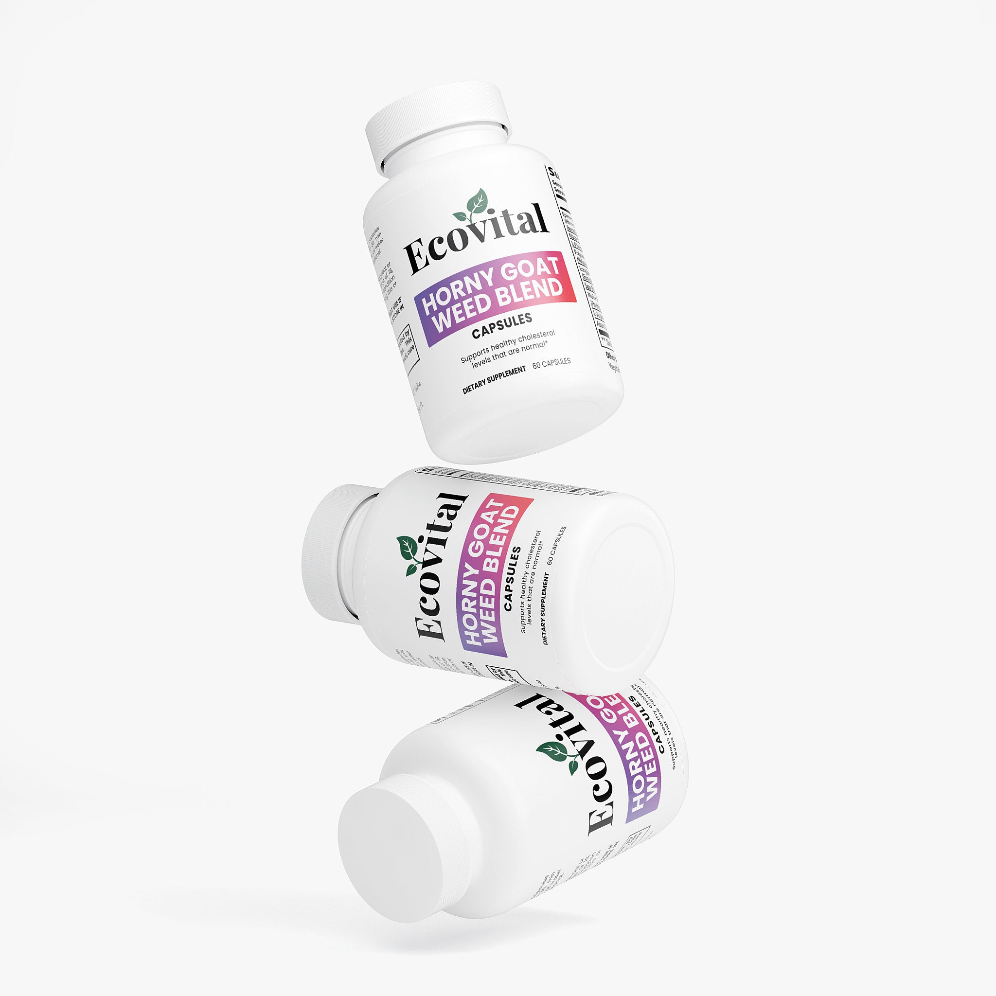 Three bottles of Ecovital Horny goat weed blend on a white background