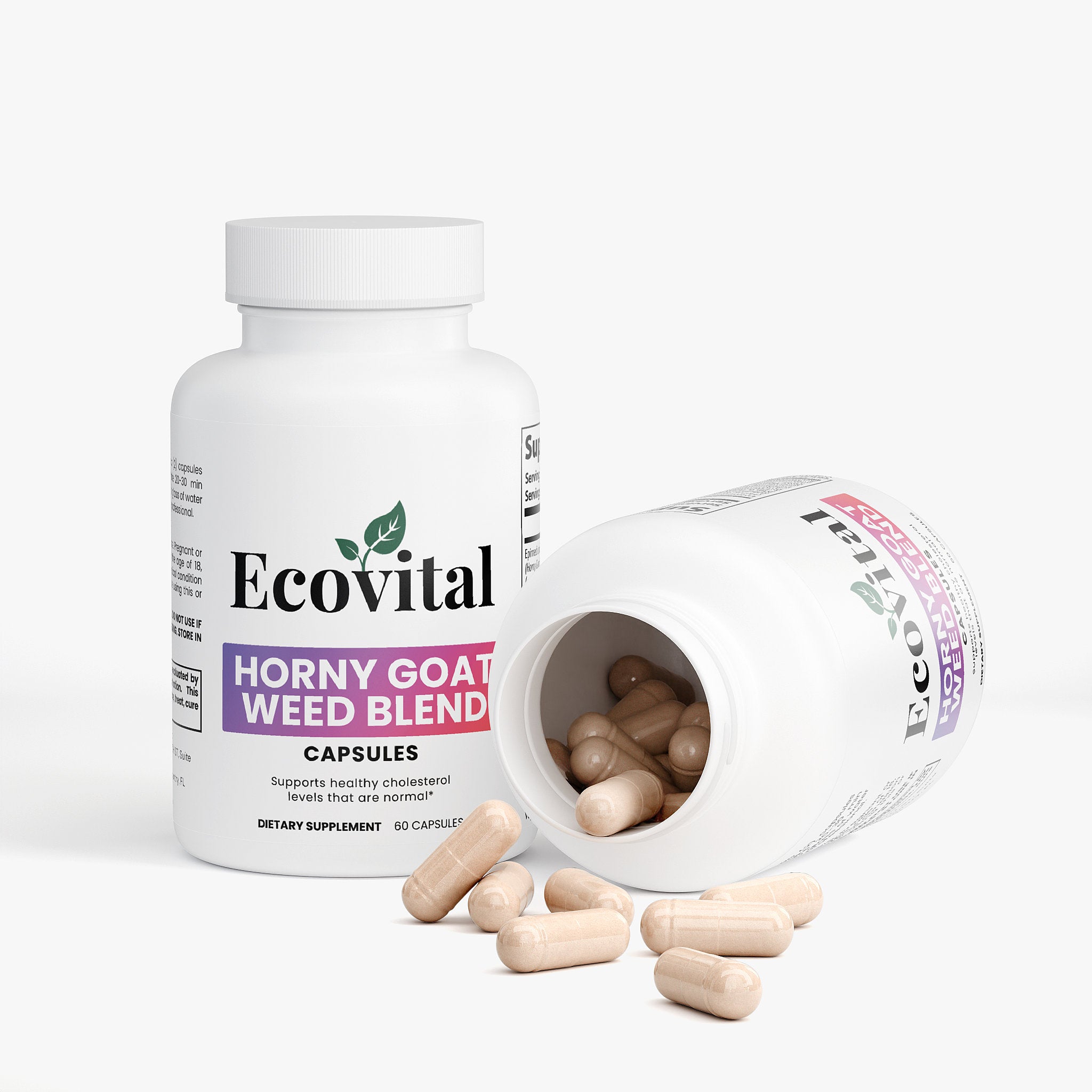 Ecovital Horny goat weed blend capsules with open bottle on a white background