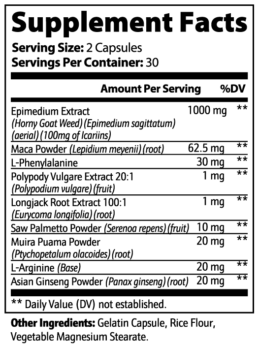 Supplement facts label with various ingredients and their amounts per serving.