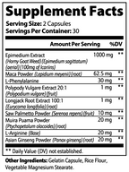 Supplement facts label with various ingredients and their amounts per serving.