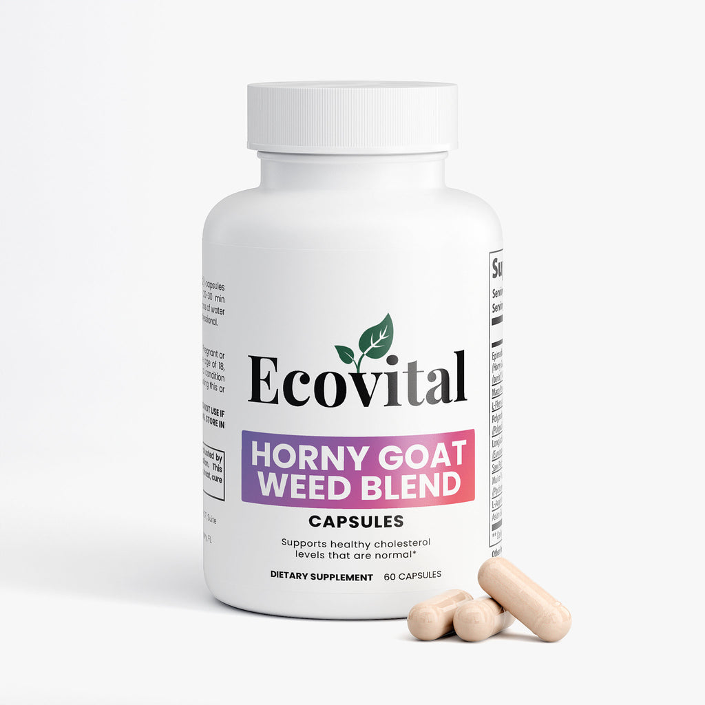 Ecovital Horny goat weed blend supplement bottle with capsules on a white background