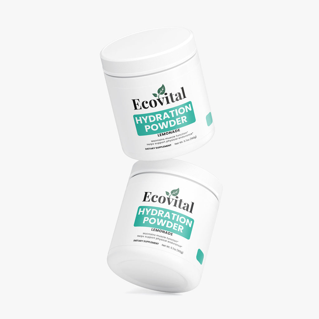 Two containers of Ecovital Hydration Powder on a white background