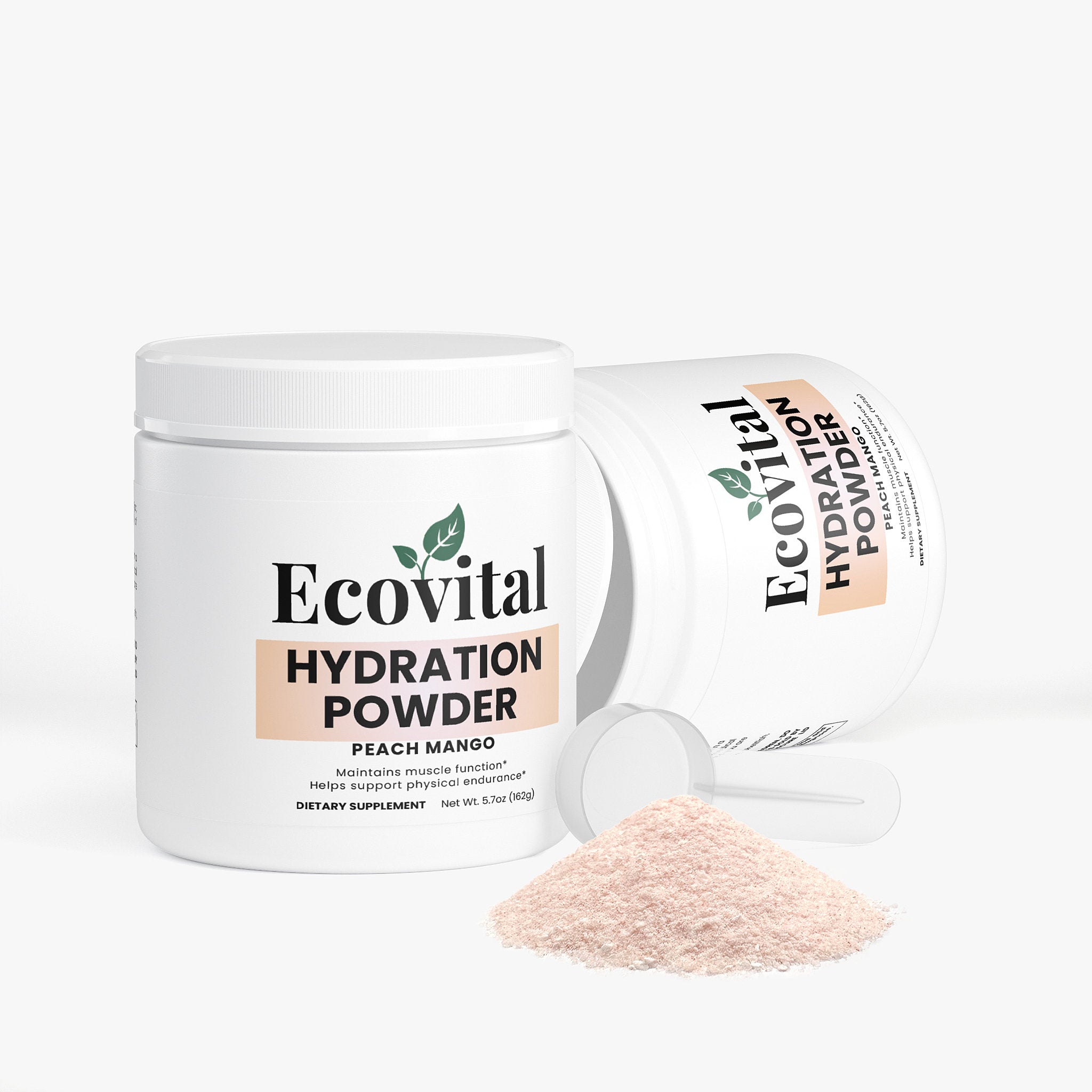 Ecovital Hydration Powder container with scoop and powder on a white background