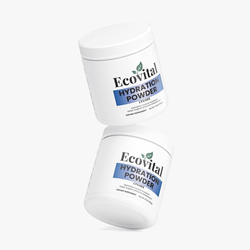 Two containers of Ecovital Hydration Powder on a white background