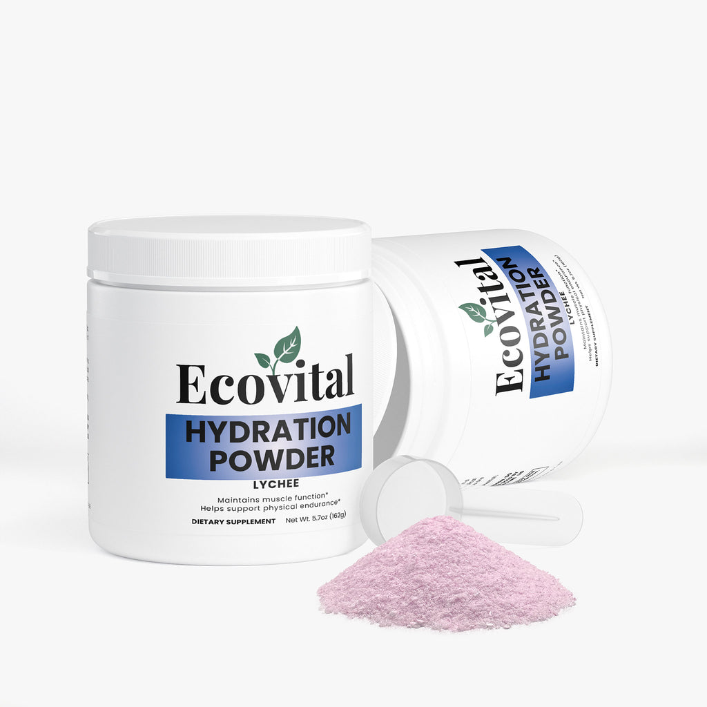 Ecovital Hydration Powder container with pink powder on a white background