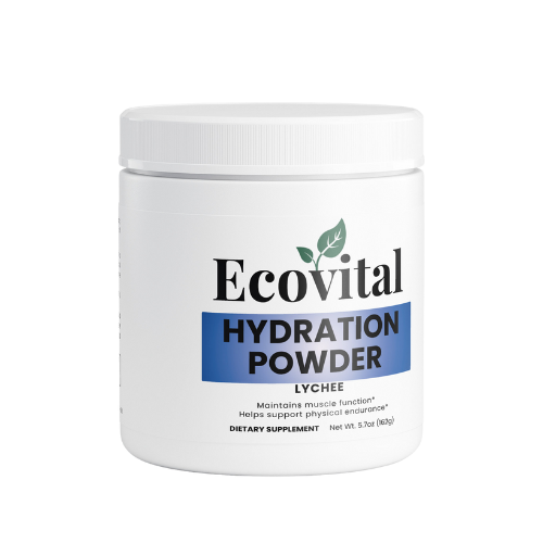Ecovital Hydration Powder container with white lid on a white background