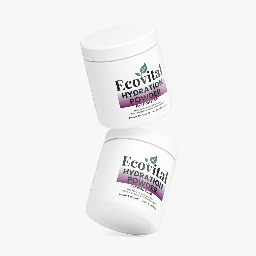Two containers of Ecovital Hydration Powder on a white background