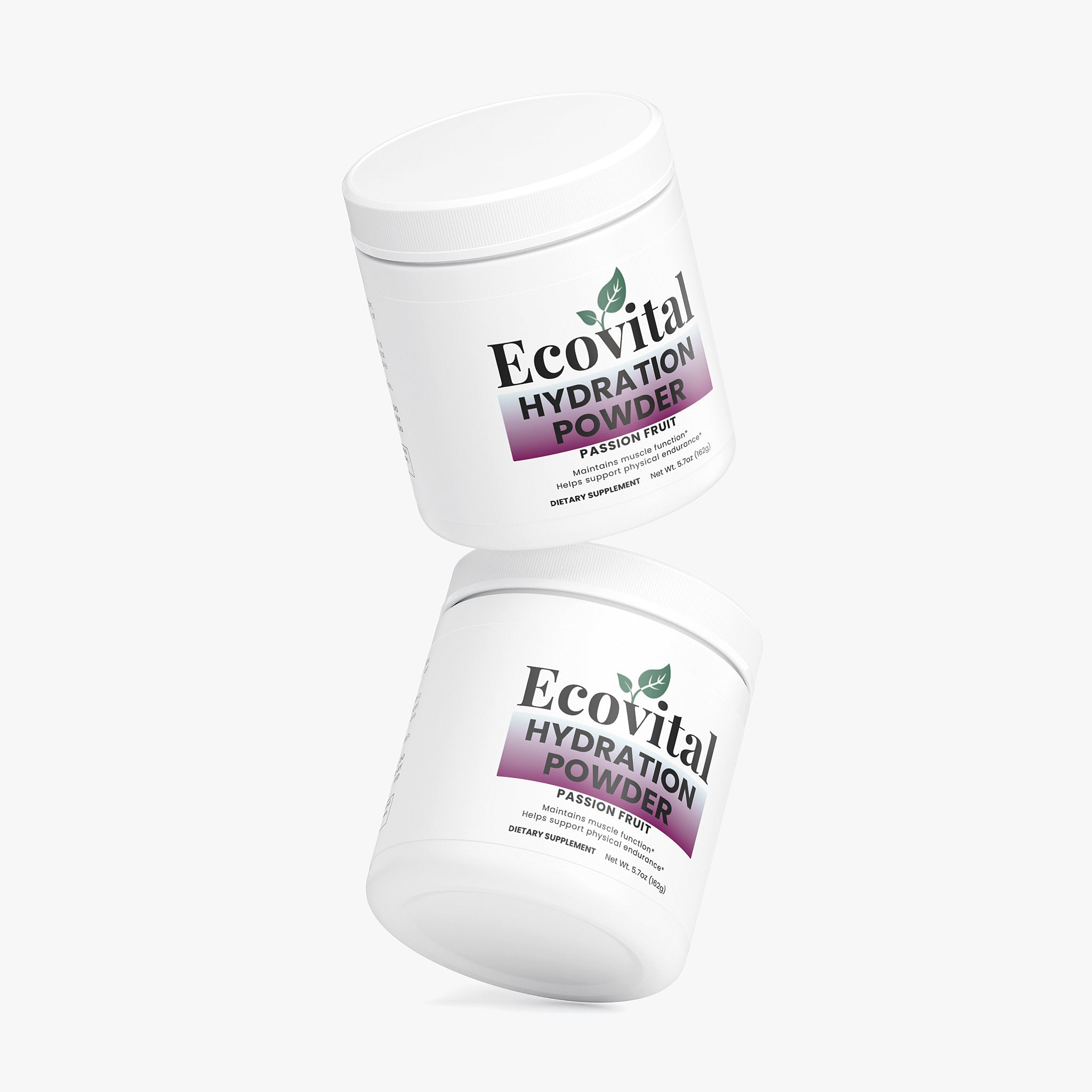 Two containers of Ecovital Hydration Powder on a white background