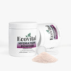 Ecovital Hydration Powder container with a scoop of powder on a white background
