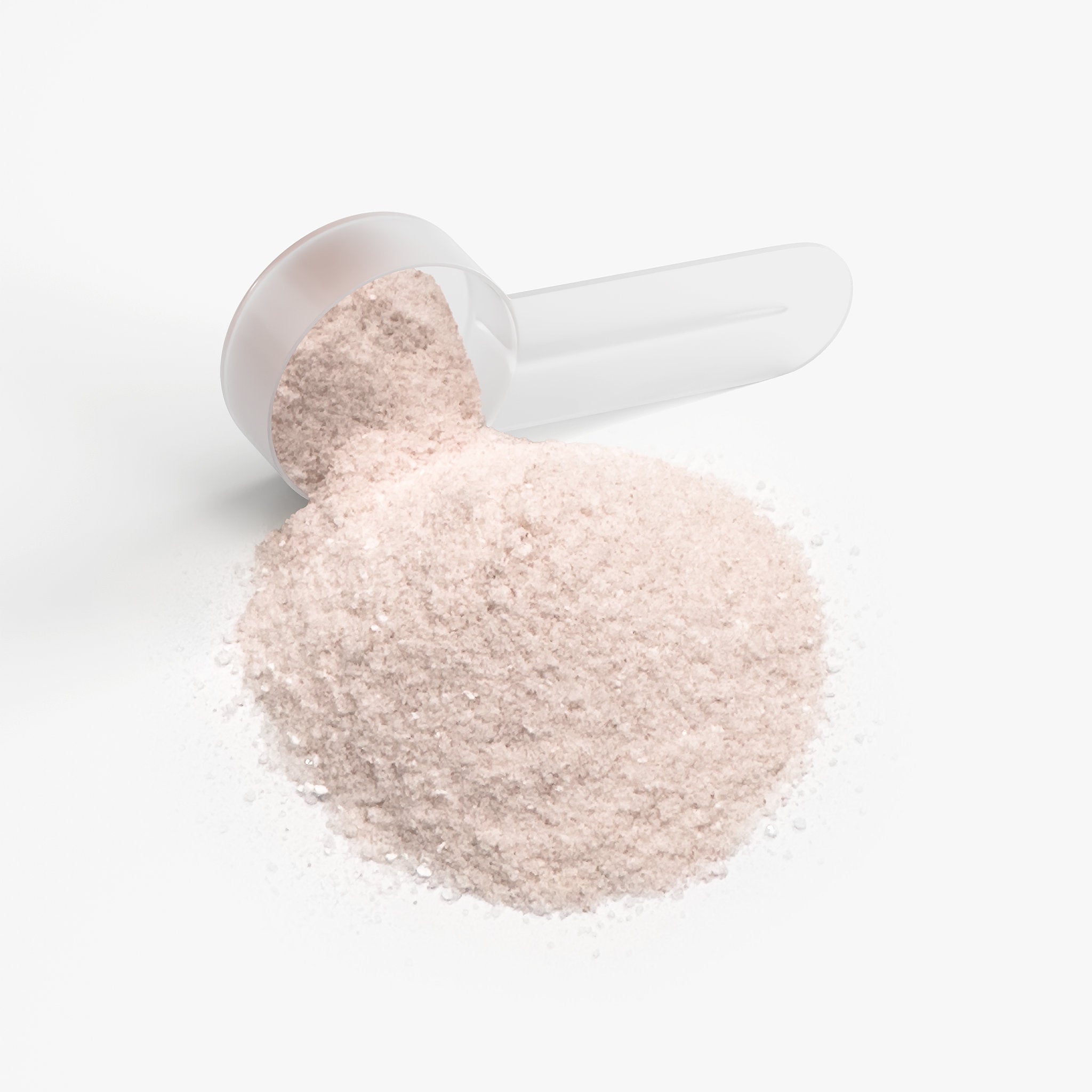 White scoop filled with protein powder on a white background