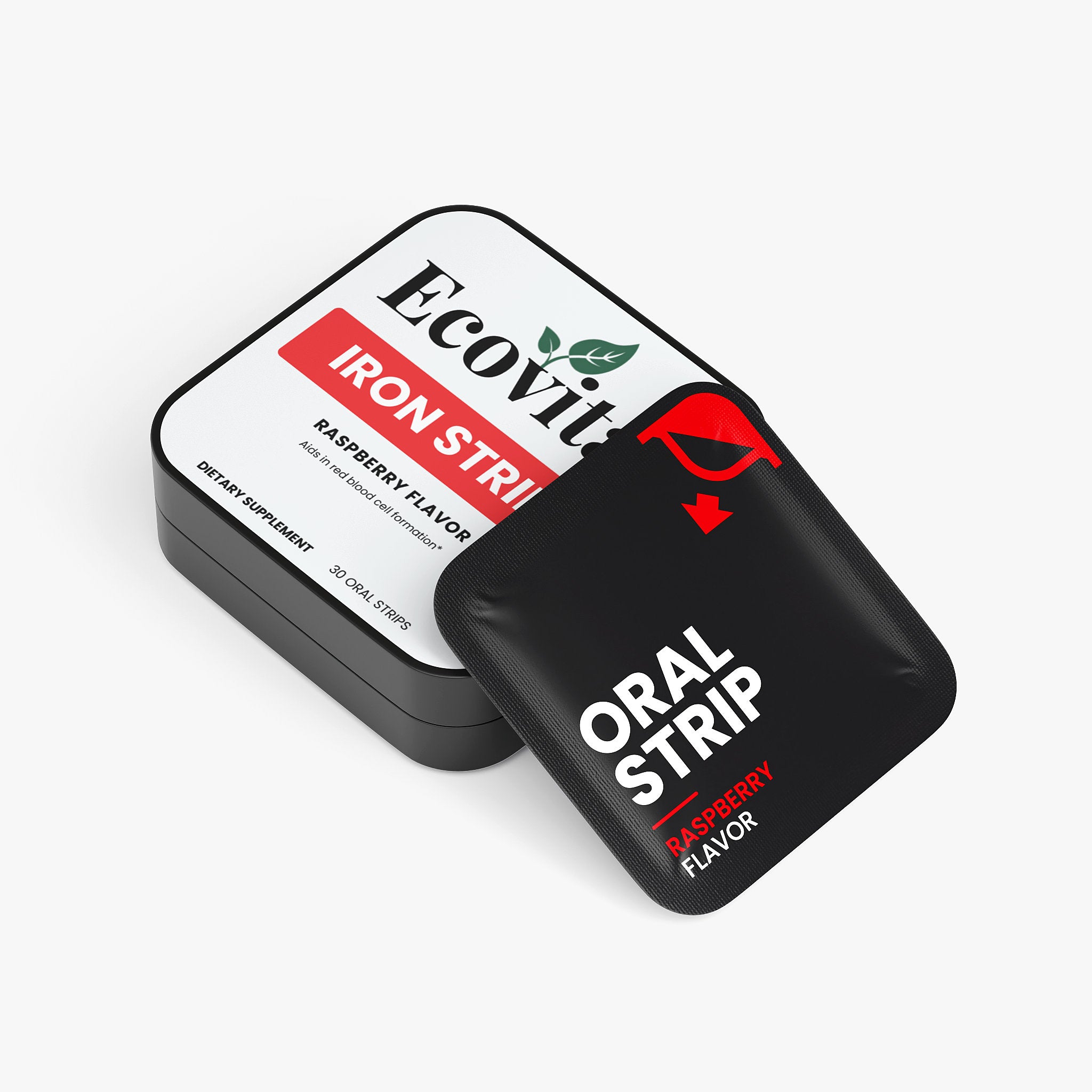 Black and white packaging of Ecovit iron strips on a white background