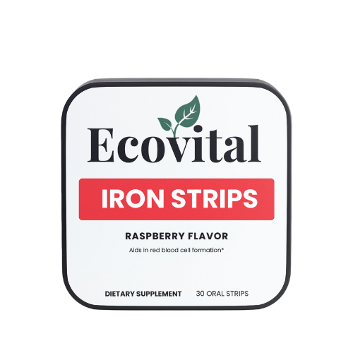 Ecovital Iron Strips packaging with raspberry flavor on a white background