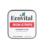 Ecovital Iron Strips packaging with raspberry flavor on a white background