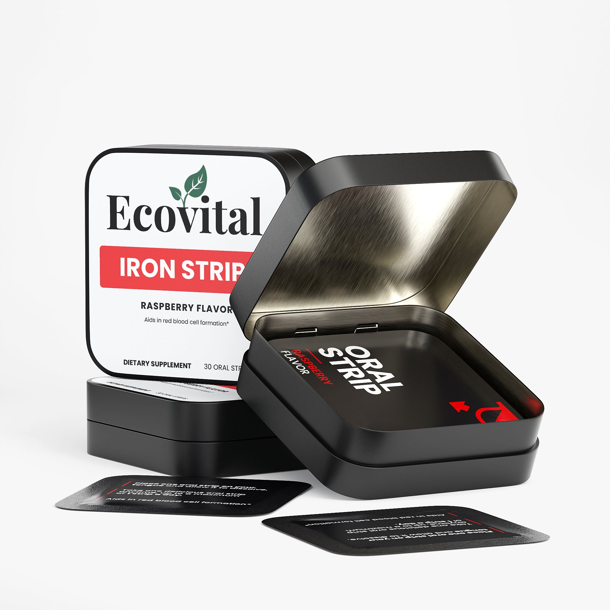 Ecovital iron strip packaging with a black case on a white background