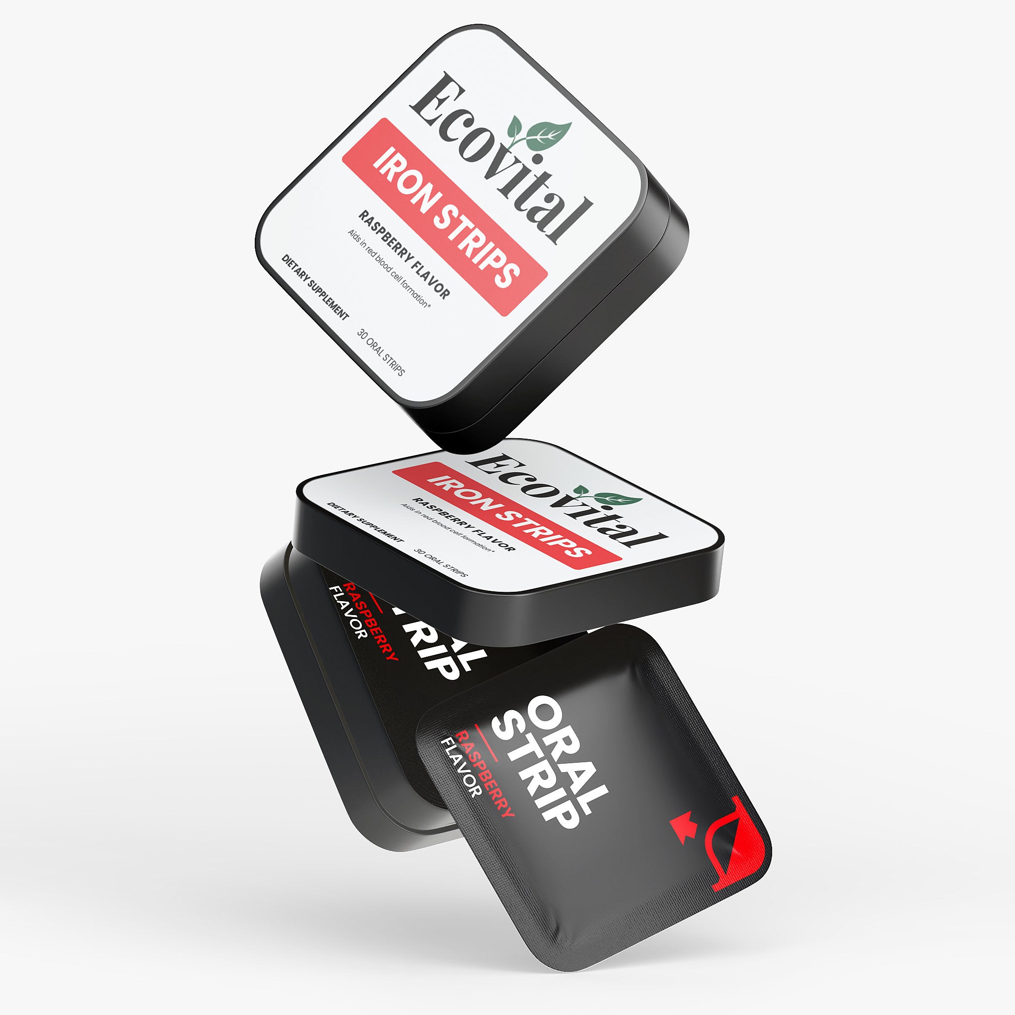 Three boxes of Ecovital iron strips on a white background