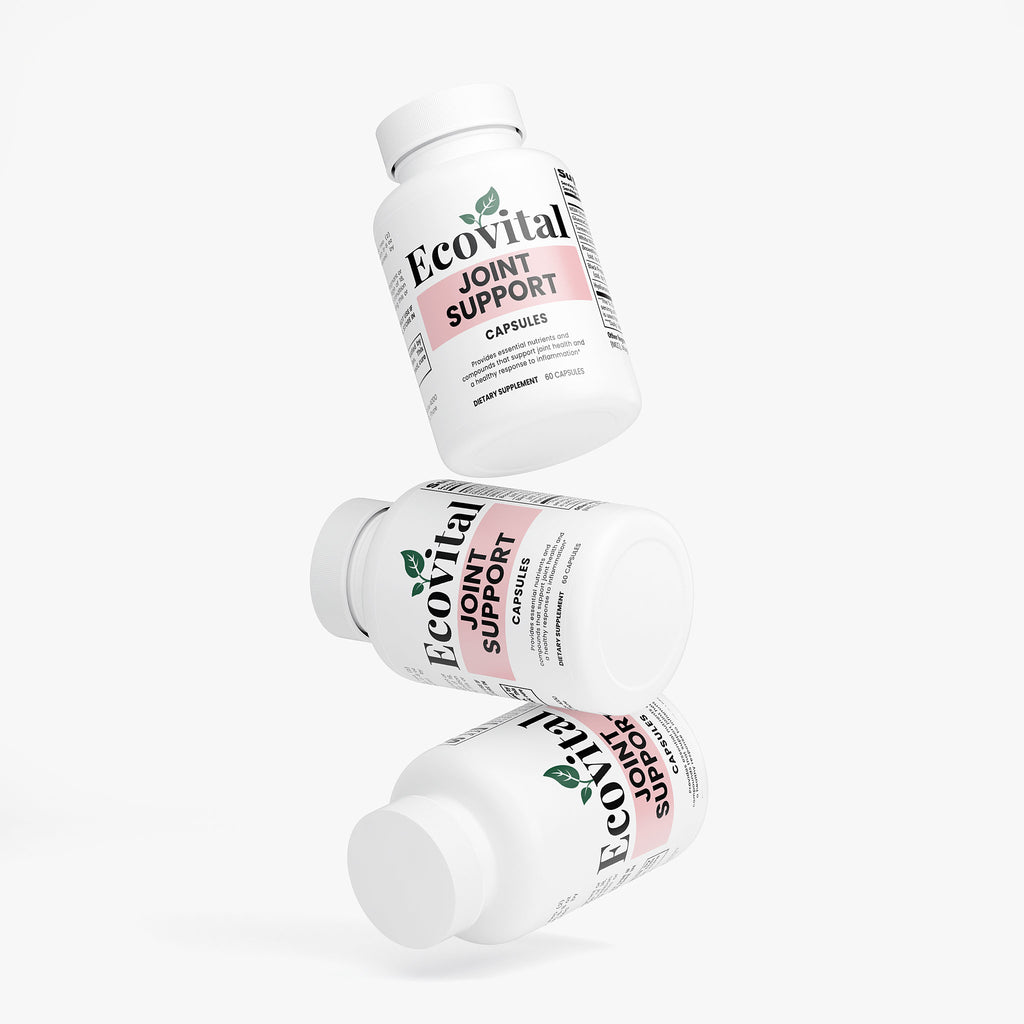 Three bottles of Ecovital Joint Support capsules on a white background