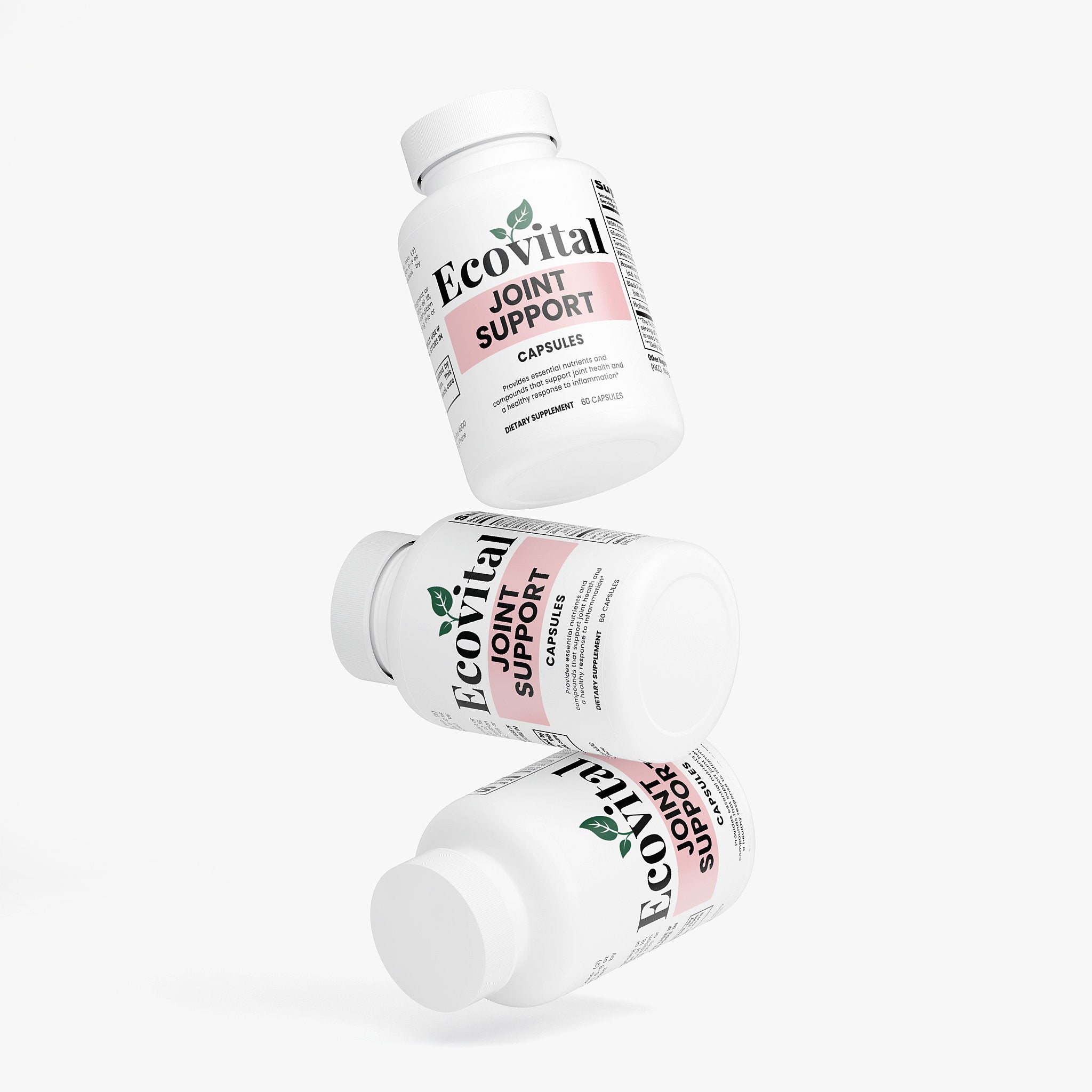 Three bottles of Ecovital Joint Support capsules on a white background