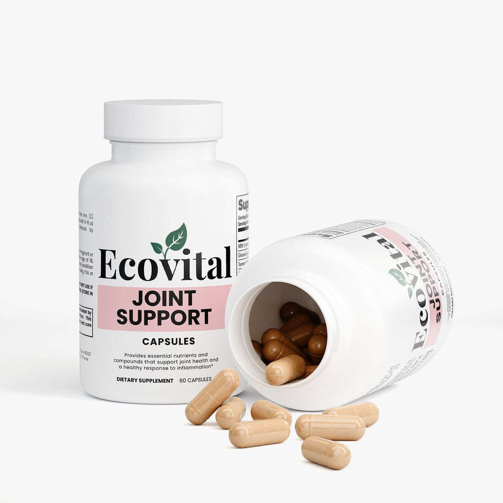 Ecovital joint support capsules with open bottle on a white background