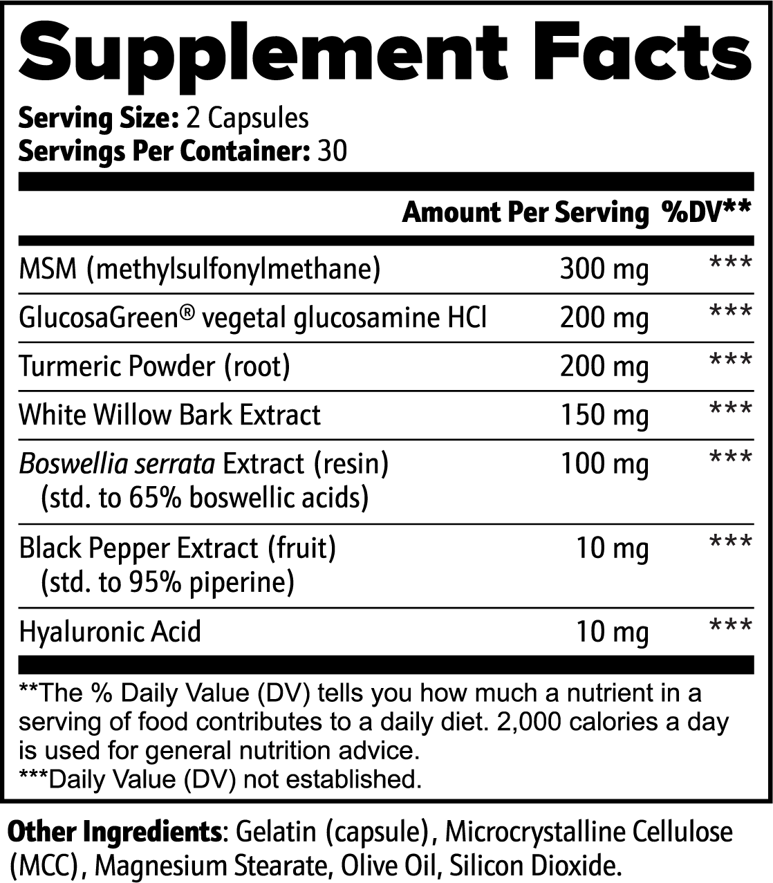 Supplement facts label with various ingredients and their amounts per serving.