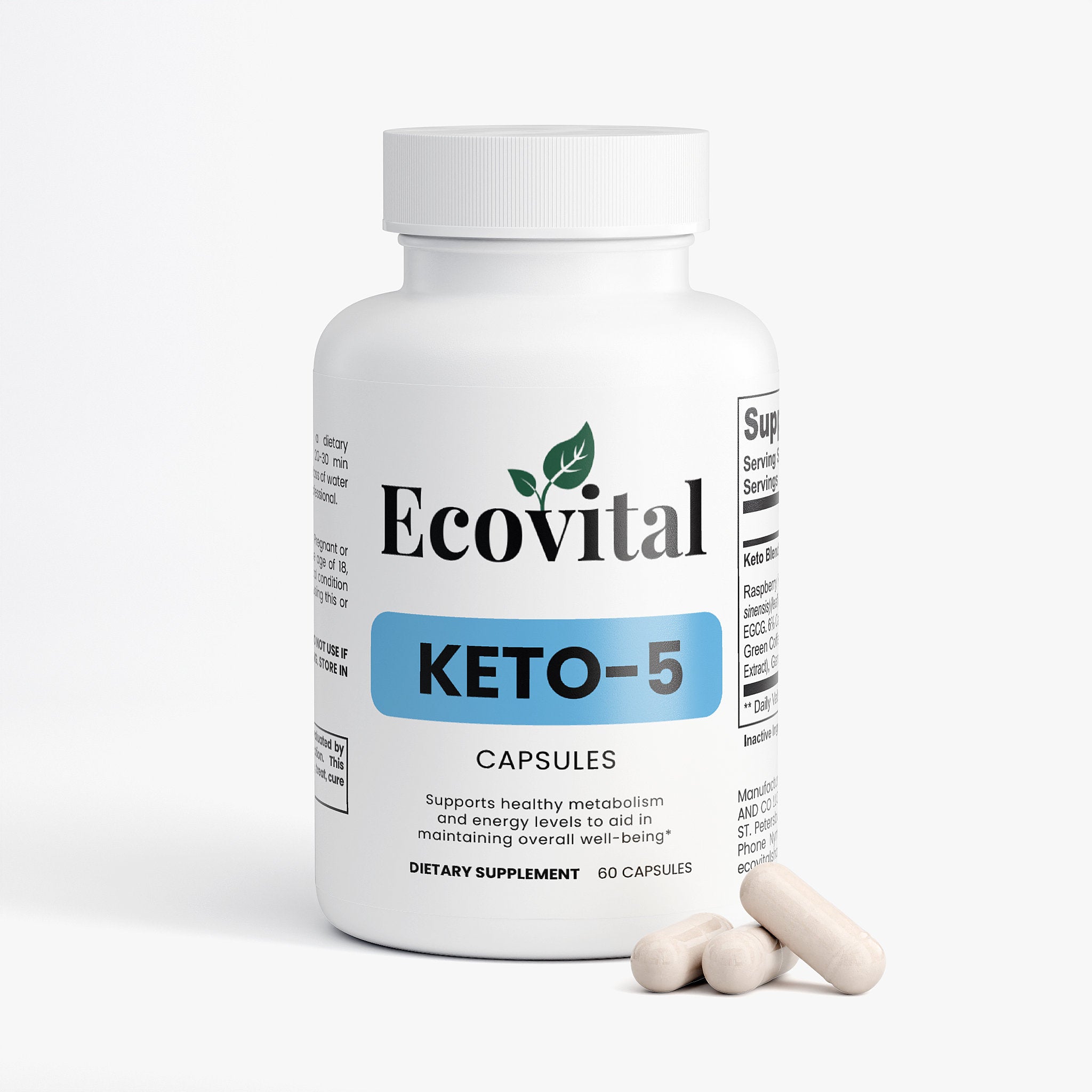 Ecovital Keto-5 supplement bottle with capsules on a white background
