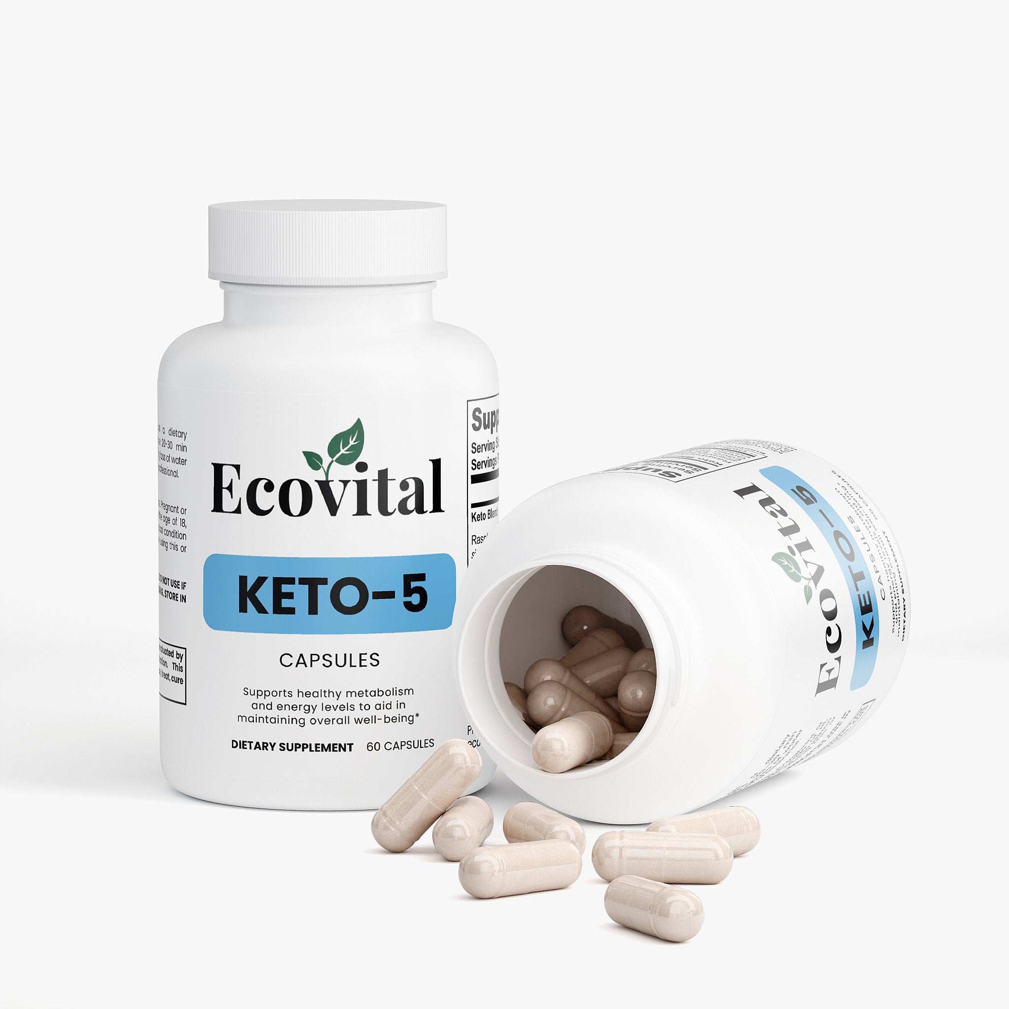 Ecovital Keto-5 dietary supplement bottle with open cap showing capsules on a white background