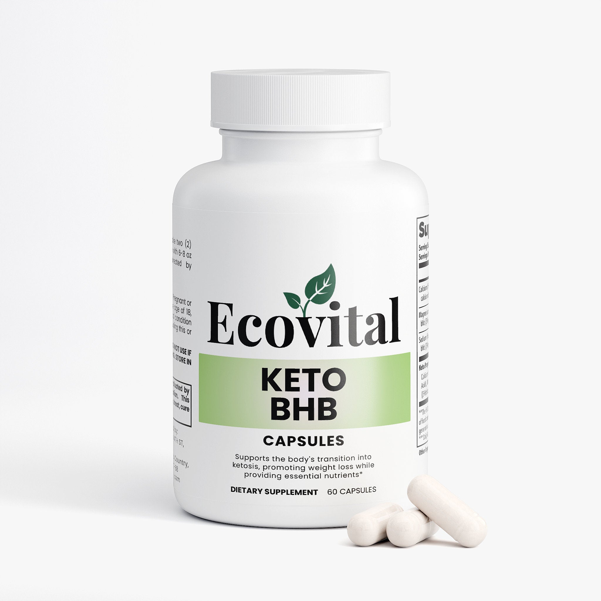 Ecovital Keto BHB capsules bottle with two capsules on a white background