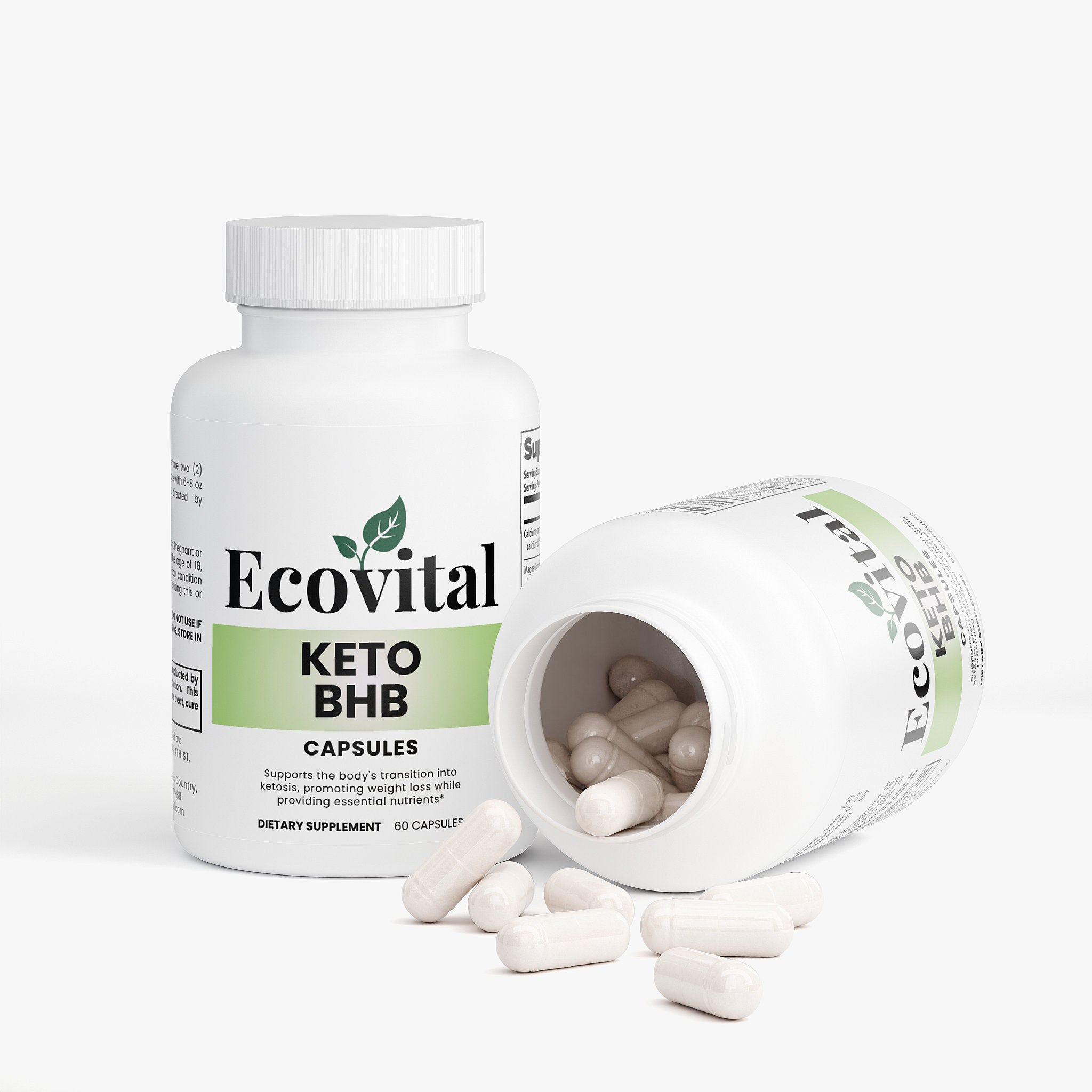 Ecovital Keto BHB capsules with an open bottle on a white background