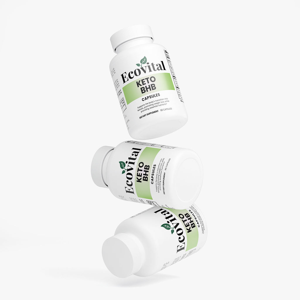 Three bottles of Ecovital Keto BHB capsules on a white background