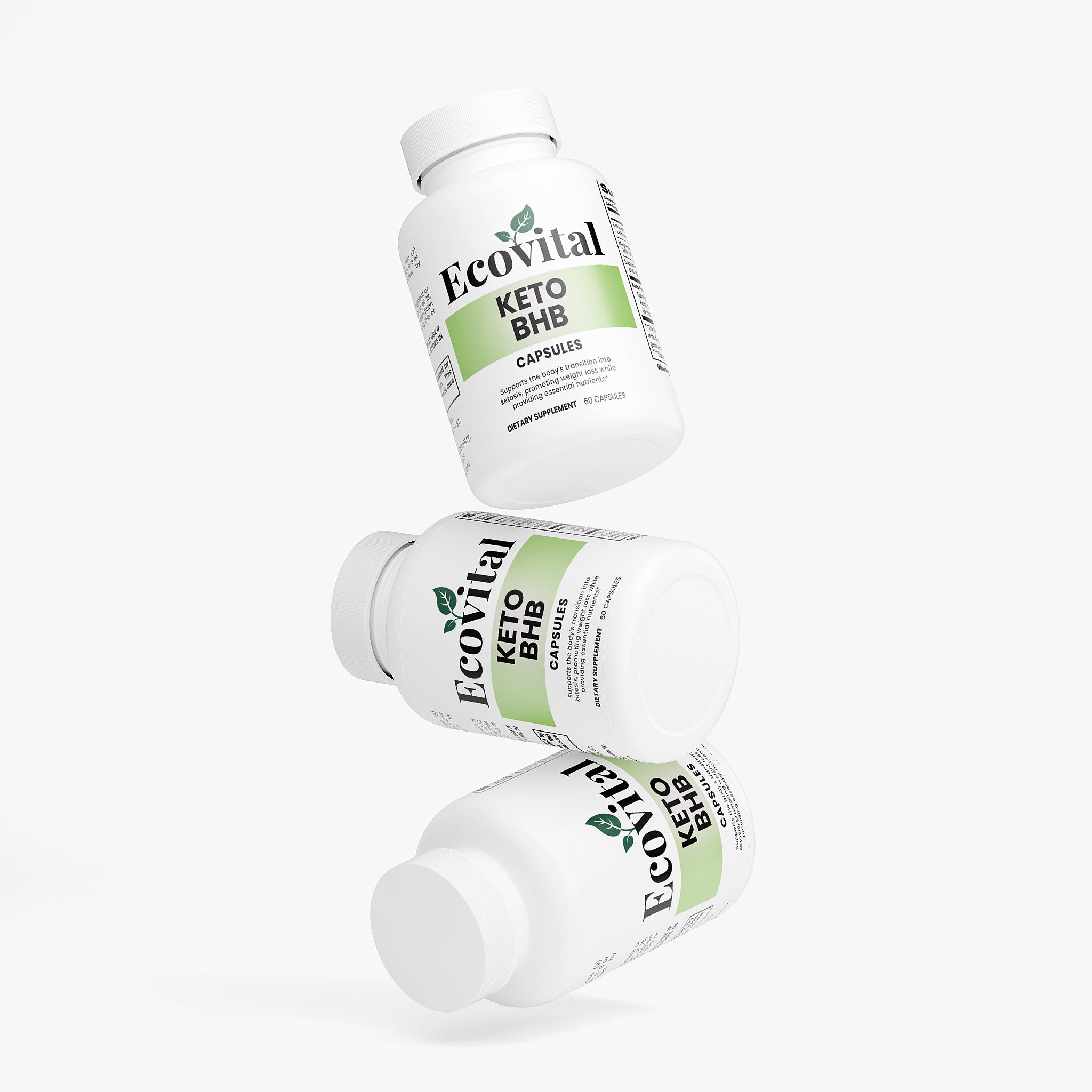 Three bottles of Ecovital Keto BHB capsules on a white background