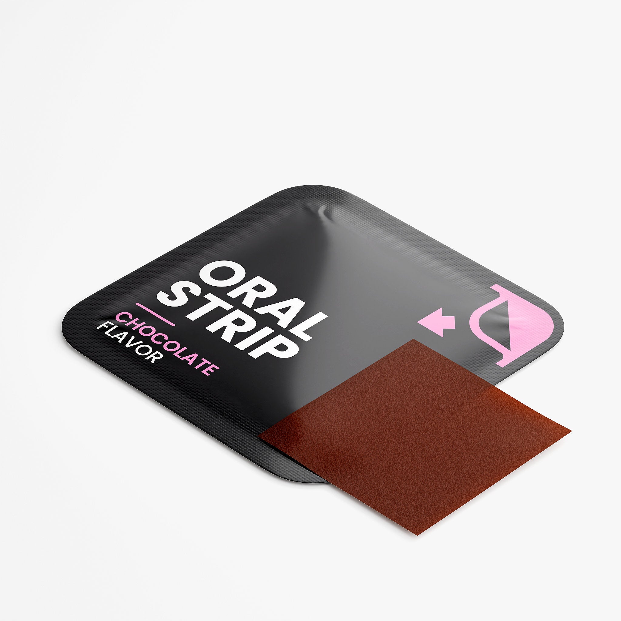 Chocolate-flavored oral strip packaging on a white background