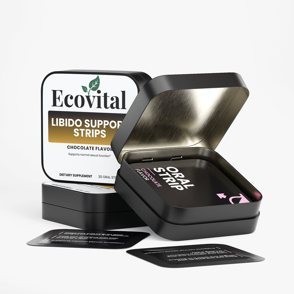 Ecovital libido support strips packaging with open container on a white background