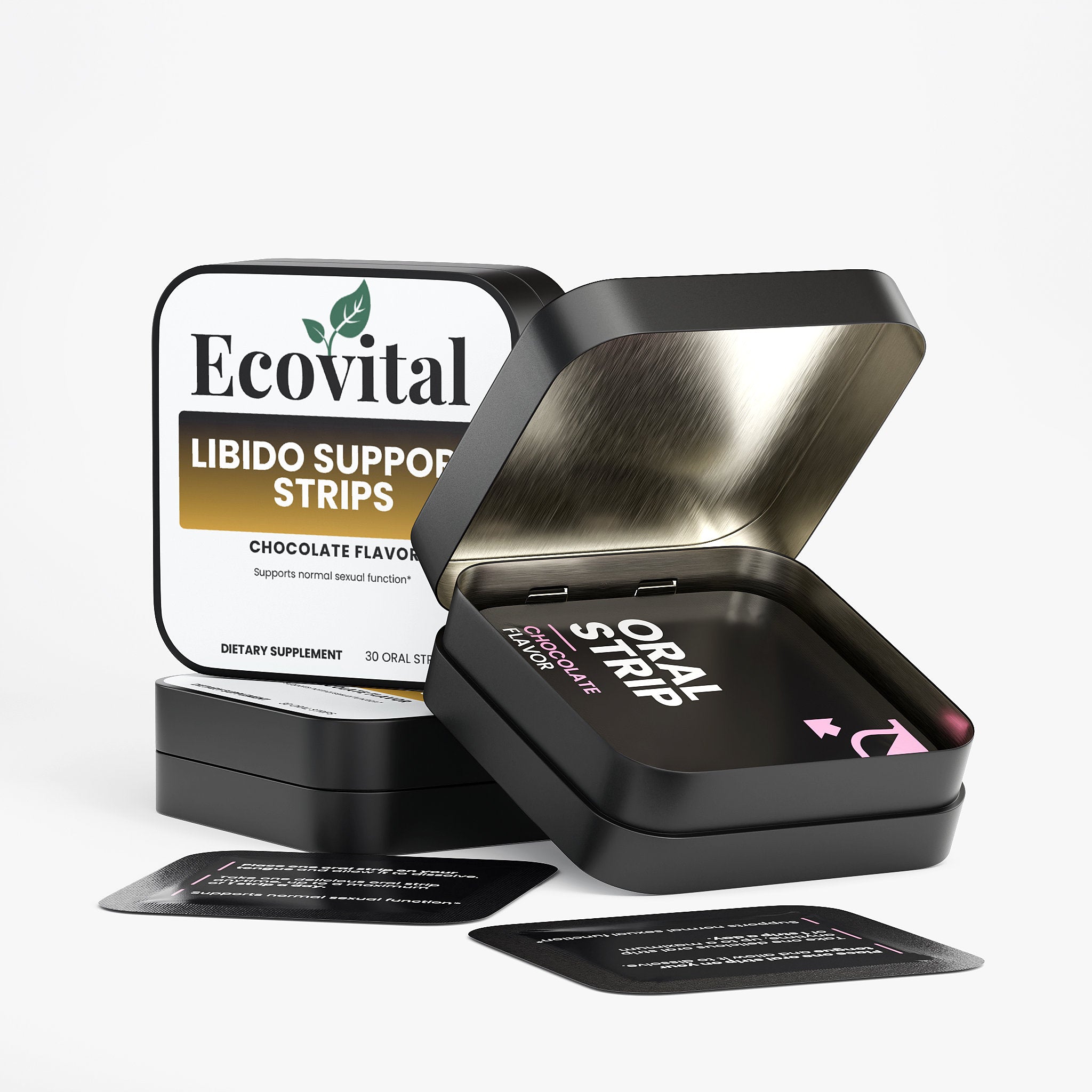 Ecovital libido support strips packaging with open container on a white background