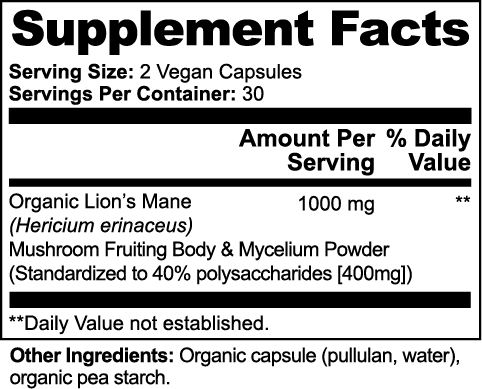 Supplement facts label for Organic Lion's Mane and Mushroom Fruiting Body & Mycelium Powder.